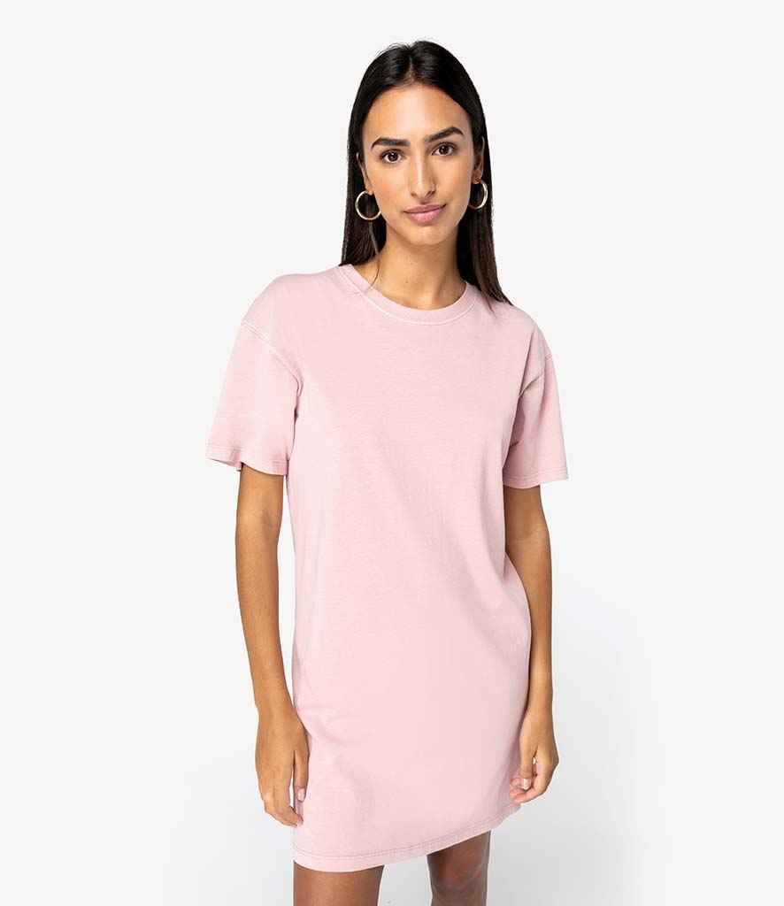 Luxurious organic cotton stonewash t-shirt dress in soft fabric, designed for casual elegance and comfort, showcased in a beautiful setting.