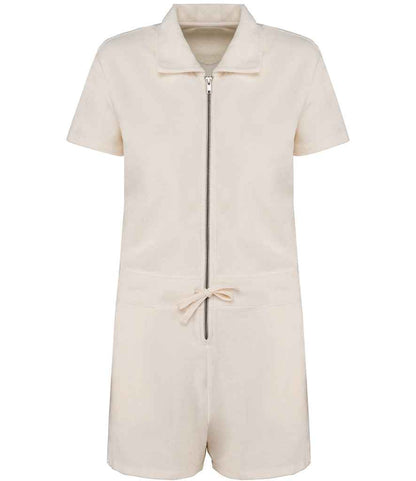 Close-up view of sustainable fabric composed of 80% organic cotton and 20% post-consumer recycled polyester, highlighting the eco-friendly credentials of the jumpsuit.