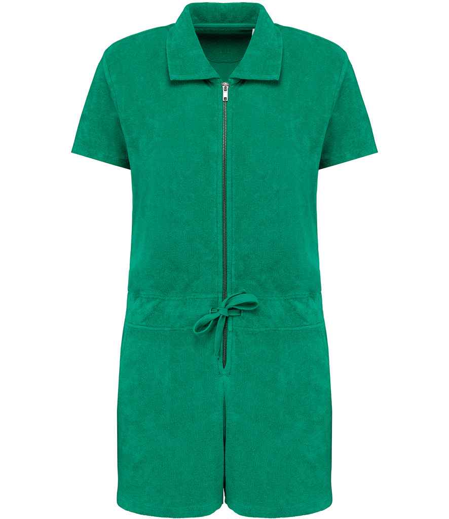 Luxury organic cotton zipped jumpsuit showcasing a soft towel feel, designed for eco-conscious fashion enthusiasts, featuring a regular fit and dropped shoulders.