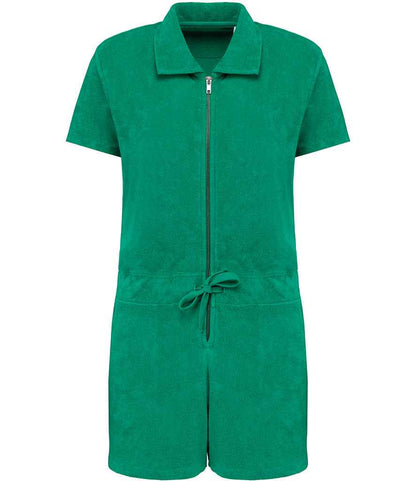 Luxury organic cotton zipped jumpsuit showcasing a soft towel feel, designed for eco-conscious fashion enthusiasts, featuring a regular fit and dropped shoulders.