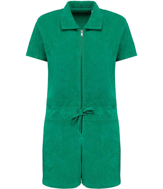 Luxury organic cotton zipped jumpsuit showcasing a soft towel feel, designed for eco-conscious fashion enthusiasts, featuring a regular fit and dropped shoulders.