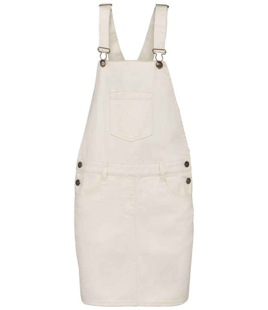 Stylish garment washed organic cotton dungarees dress with a relaxed fit, showcasing unique recycled accessories for a sustainable wardrobe.