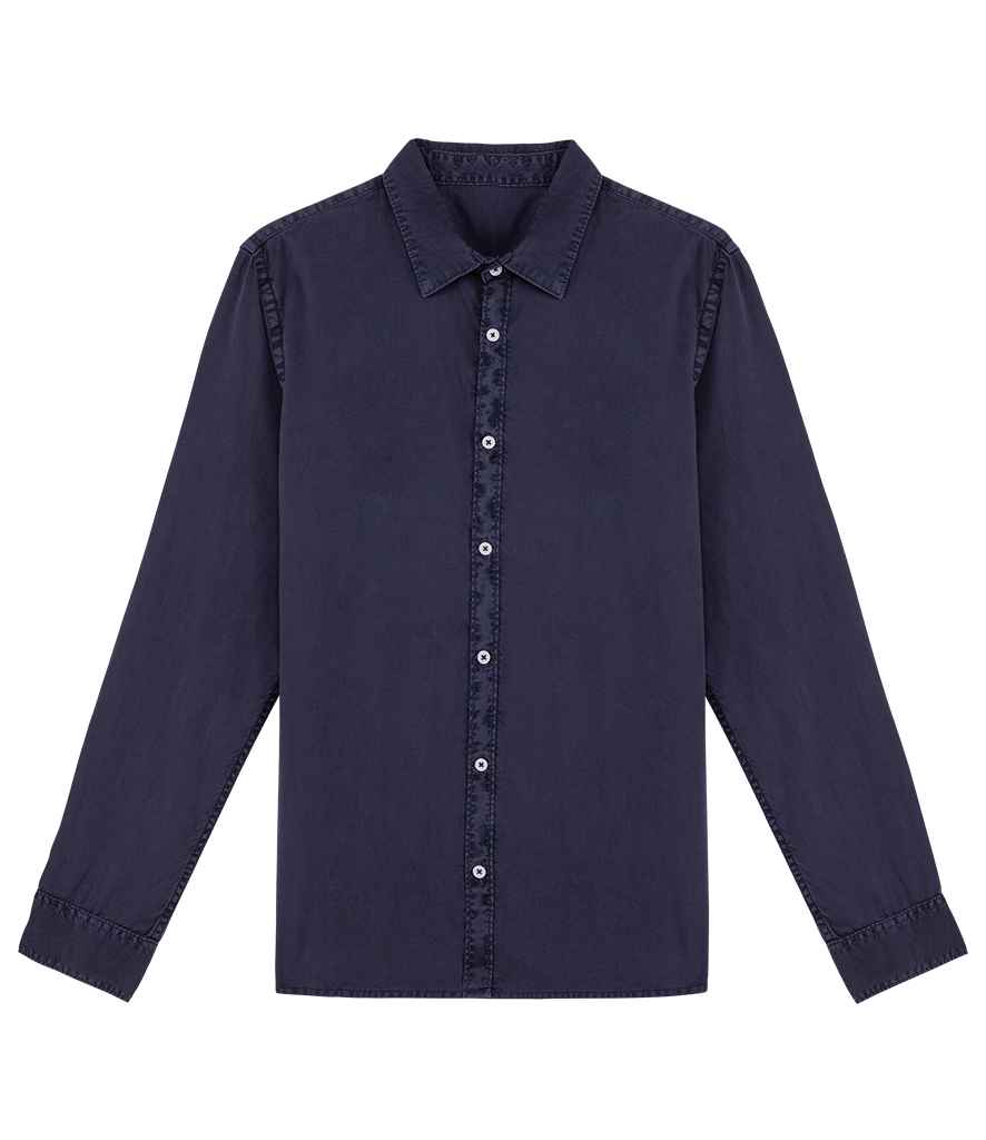 Luxurious organic cotton long sleeve shirt with classic button placket, showcasing a straight fit design.