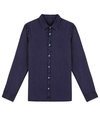 Luxurious organic cotton long sleeve shirt with classic button placket, showcasing a straight fit design.