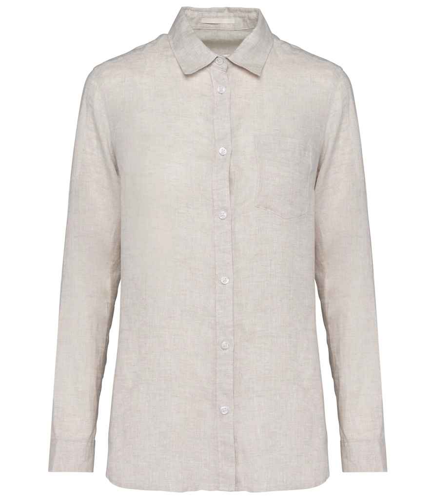 Luxury women's 100% linen long sleeve shirt featuring a classic placket and elegant pearlised buttons, designed for a refined and stylish look.