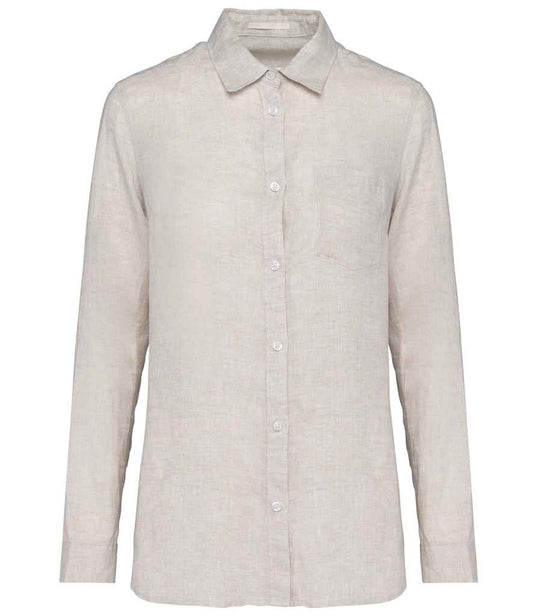 Luxury women's 100% linen long sleeve shirt featuring a classic placket and elegant pearlised buttons, designed for a refined and stylish look.