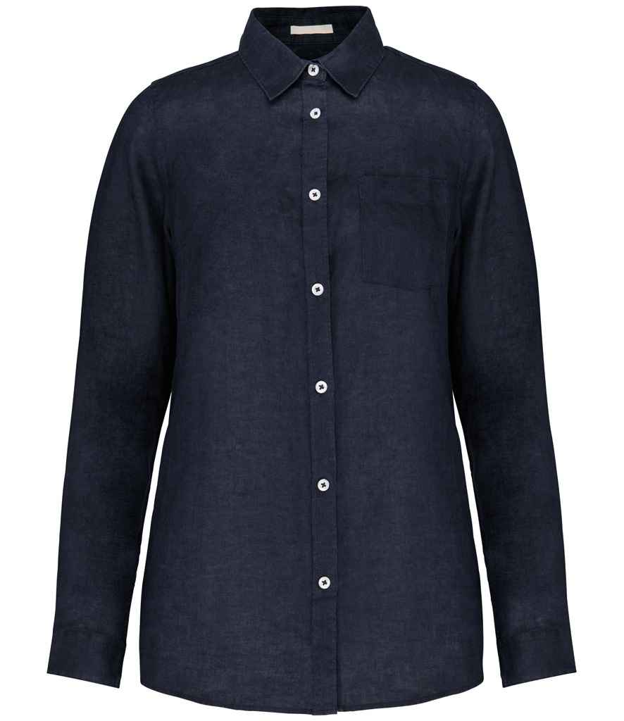 Elegant women's long sleeve linen shirt displayed in a straight fit, highlighting its premium fabric and timeless design with pearlised buttons.