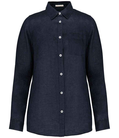 Elegant women's long sleeve linen shirt displayed in a straight fit, highlighting its premium fabric and timeless design with pearlised buttons.