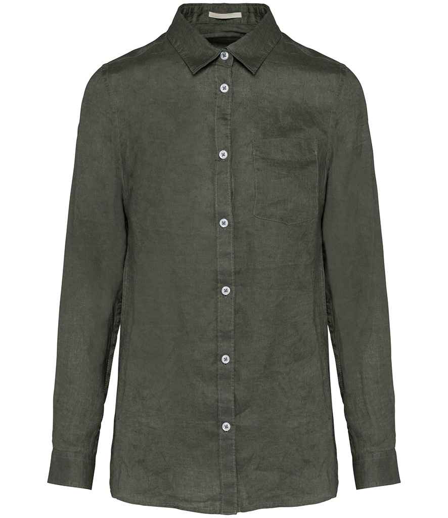 Stylish women's 100% linen shirt with long sleeves, featuring a graceful chest pocket and classic placket, ideal for upscale casual wear.