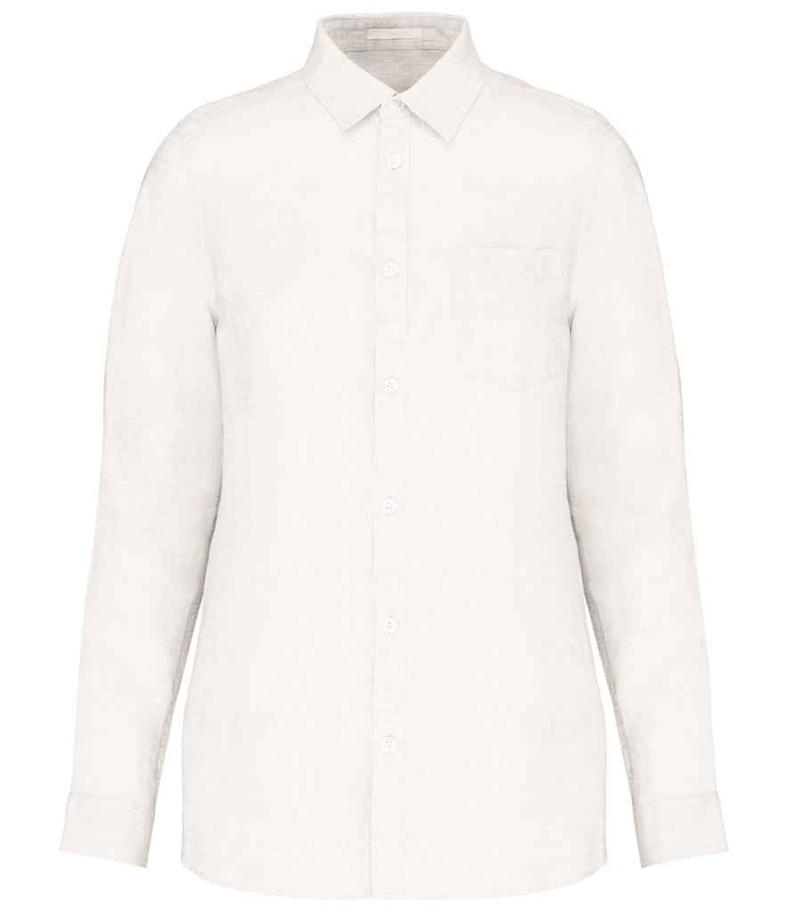 Sophisticated look of a women's linen shirt with classic design elements including a chic chest pocket and elegant pearl buttons, perfect for luxury fashion.