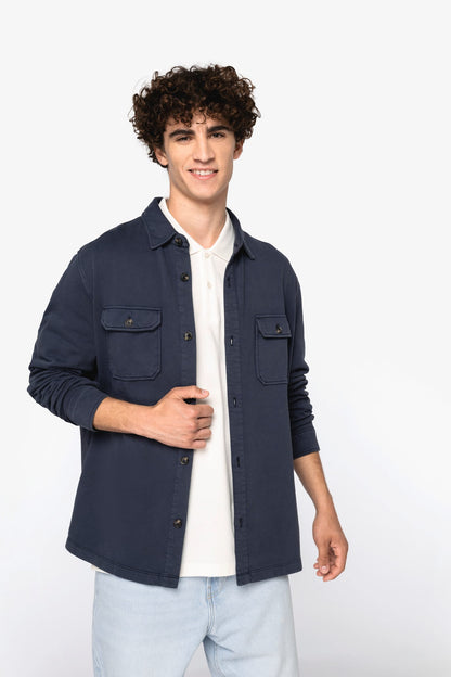 Men's organic cotton overshirt styled for a refined casual look, perfect for layering in vintage fashion.