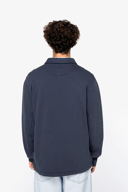 Elegant display of the versatile fit of the vintage-inspired organic cotton faded overshirt for men.