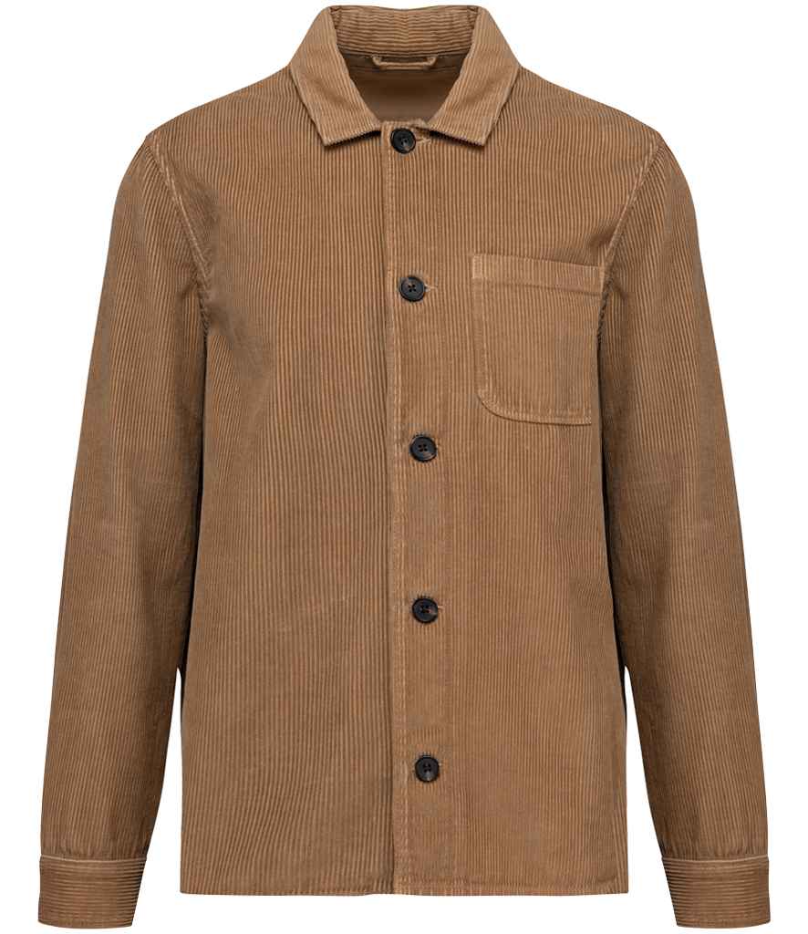 Luxurious unisex organic cotton corduroy jacket in a rich hue featuring a stylish patch pocket and sustainable recycled plastic buttons, showcasing regular fit elegance.