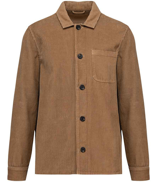 Luxurious unisex organic cotton corduroy jacket in a rich hue featuring a stylish patch pocket and sustainable recycled plastic buttons, showcasing regular fit elegance.