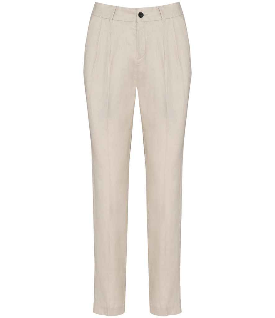 Elegant women's linen trousers showcasing a clean silhouette with mid-rise waistband and tapered leg, perfect for warm weather and stylish layering.