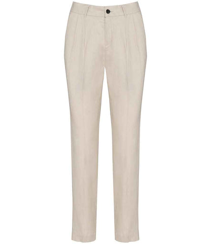 Elegant women's linen trousers showcasing a clean silhouette with mid-rise waistband and tapered leg, perfect for warm weather and stylish layering.