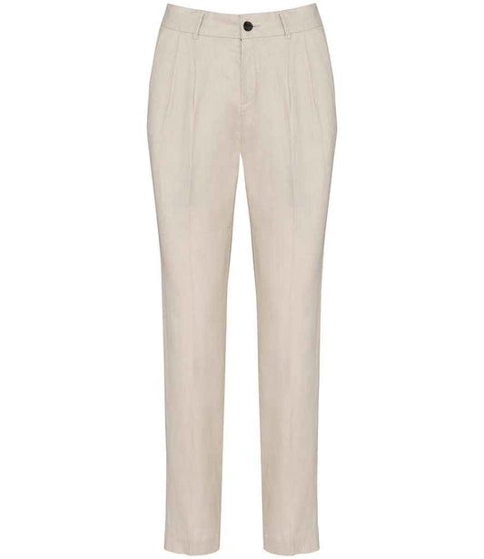 Elegant women's linen trousers showcasing a clean silhouette with mid-rise waistband and tapered leg, perfect for warm weather and stylish layering.
