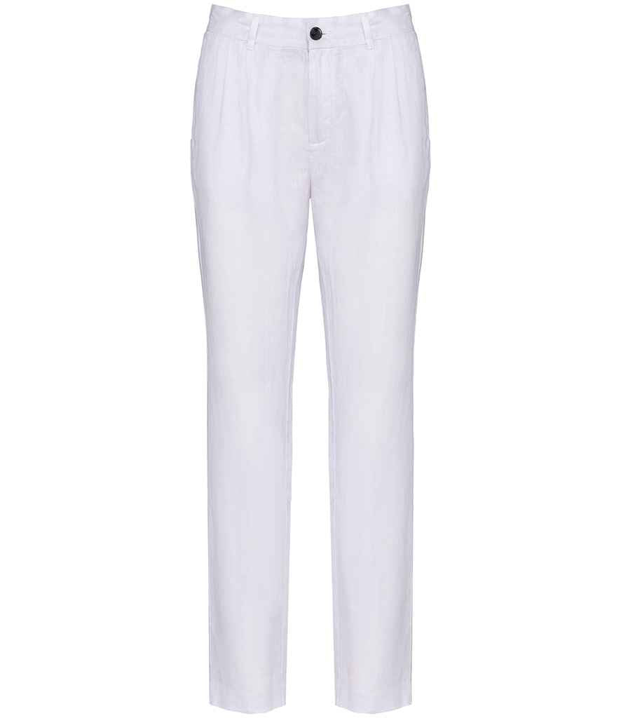 Luxurious 100% linen fabric trousers in a natural texture, designed for comfort and versatile style in sizes XS-XL.