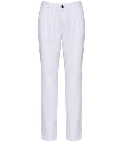 Luxurious 100% linen fabric trousers in a natural texture, designed for comfort and versatile style in sizes XS-XL.