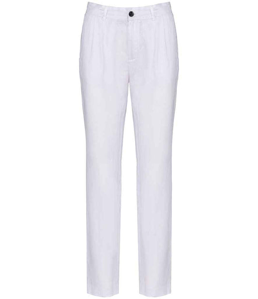 Luxurious 100% linen fabric trousers in a natural texture, designed for comfort and versatile style in sizes XS-XL.