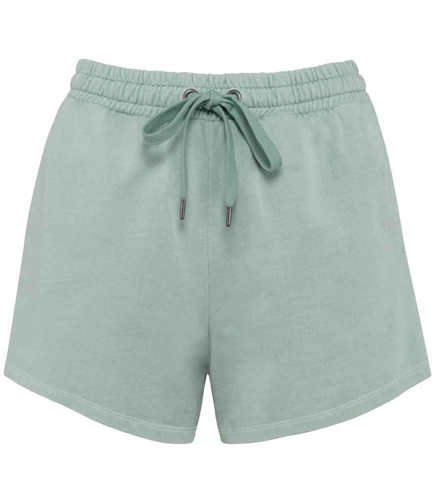 Model wearing womens organic cotton French terry shorts, highlighting the elasticated waistband and chic pockets, perfect for personalised comfort.