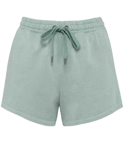 Model wearing womens organic cotton French terry shorts, highlighting the elasticated waistband and chic pockets, perfect for personalised comfort.