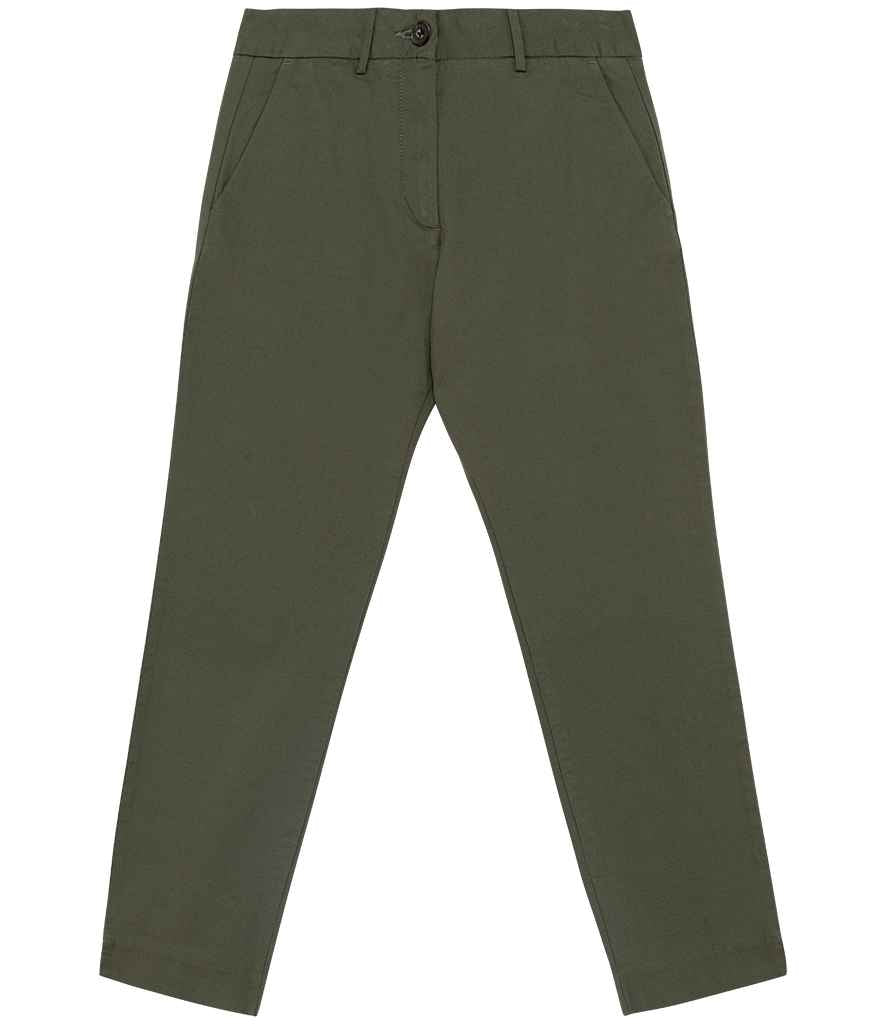 Luxurious organic cotton ladies 7/8 chino trousers featuring a minimalist straight fit, perfect for elegant casual wear.