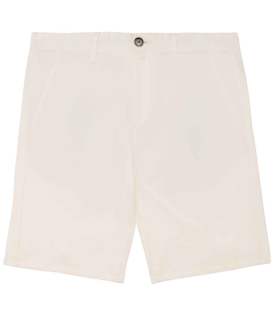 Luxury organic cotton chino shorts for men in a straight-fit design, featuring elegant belt loops and a soft peach-skin finish, perfect for stylish summer wear.