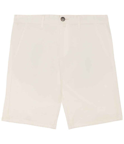 Luxury organic cotton chino shorts for men in a straight-fit design, featuring elegant belt loops and a soft peach-skin finish, perfect for stylish summer wear.