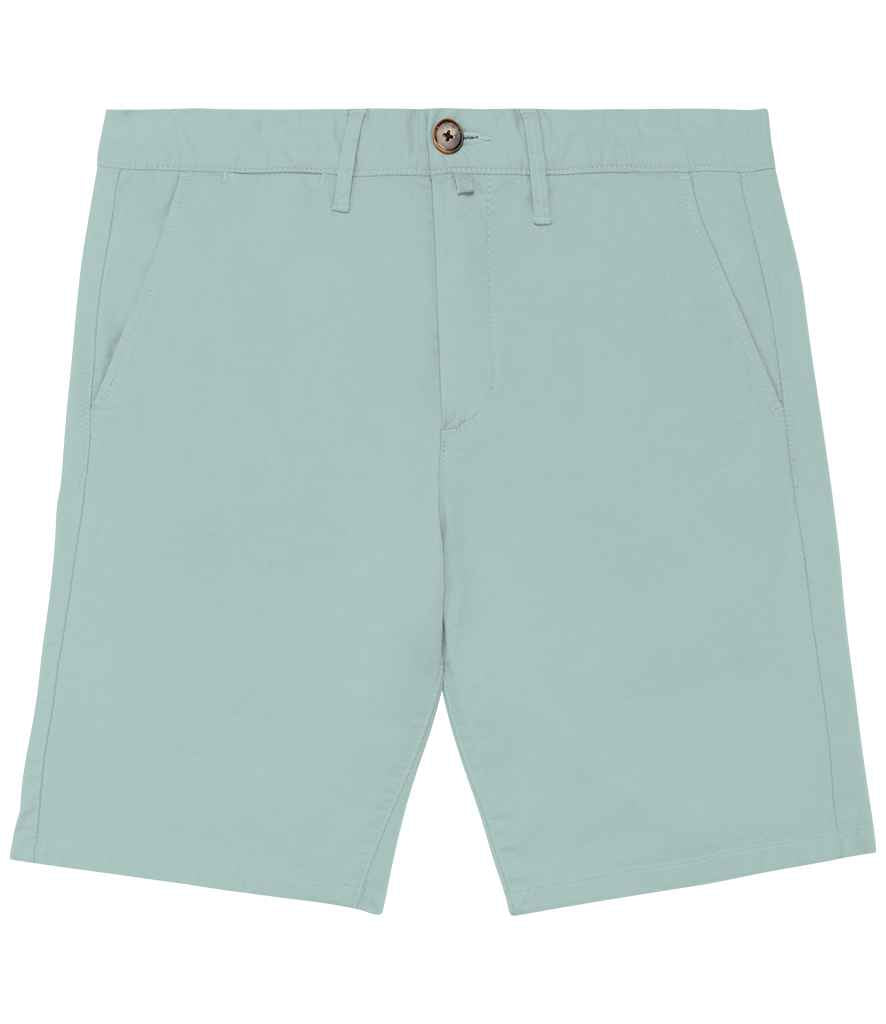 Luxury organic cotton chino shorts for men showcasing a straight-fit design, detailed with belt loops and a soft peach-skin finish, perfect for a polished summer look.