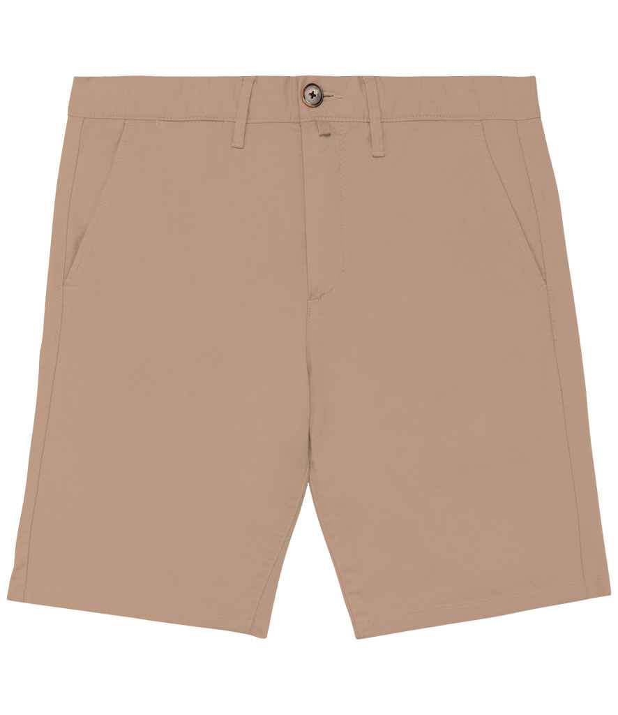Men’s luxury chino shorts displayed in an outdoor setting, highlighting their sophisticated straight-fit style and breathable organic cotton fabric, designed for comfort in warm weather.