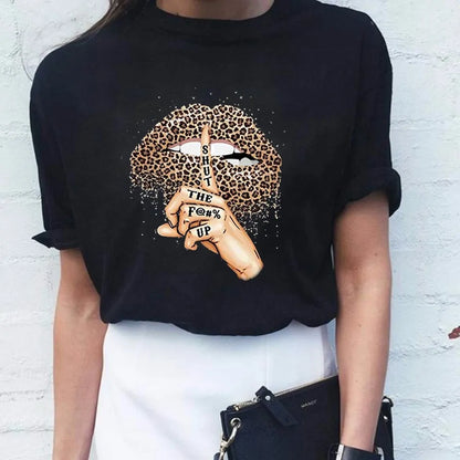 Luxury Leopard Lips Print Women's T-Shirt by Dazzling Dreams Studio, showcasing a chic graphic design perfect for summer fashion.