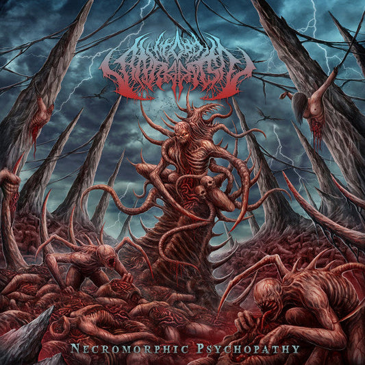 Necro Antagonist - Necromorphic Psychopathy album cover featuring dark, intricate artwork, released by Rancid Offal Records, a must-have for death metal collectors.