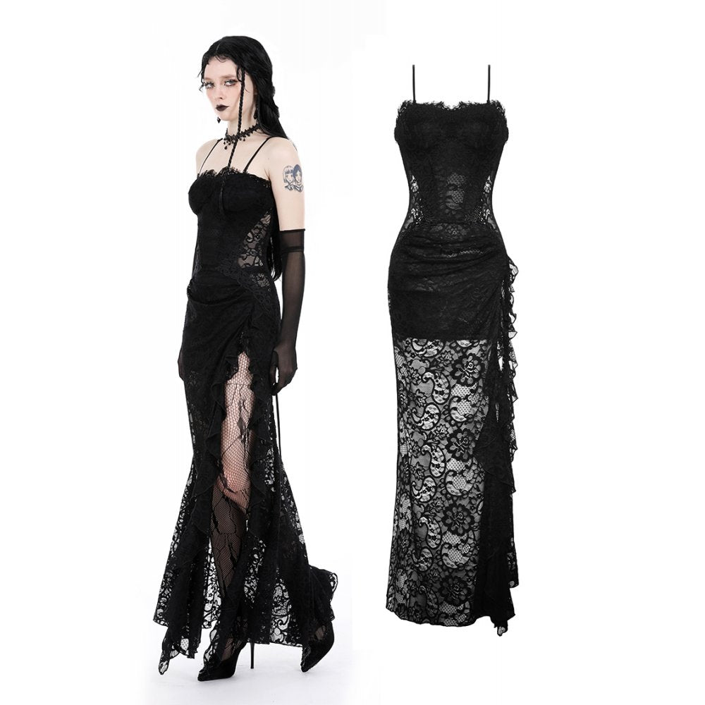 Elegant Dark In Love Naiara Lace Dress featuring adjustable straps and a sultry side slit, perfect for evening glamour.