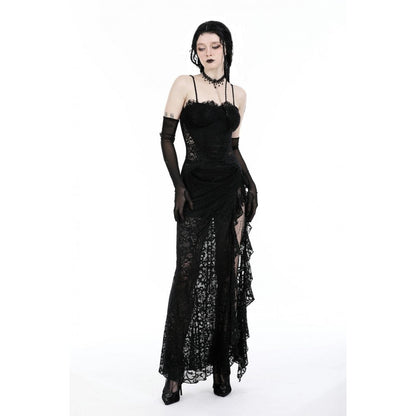 Elegant Dark In Love Naiara Lace Dress featuring delicate lace detailing and adjustable straps, showcasing a flattering silhouette and side slit for a luxurious look.