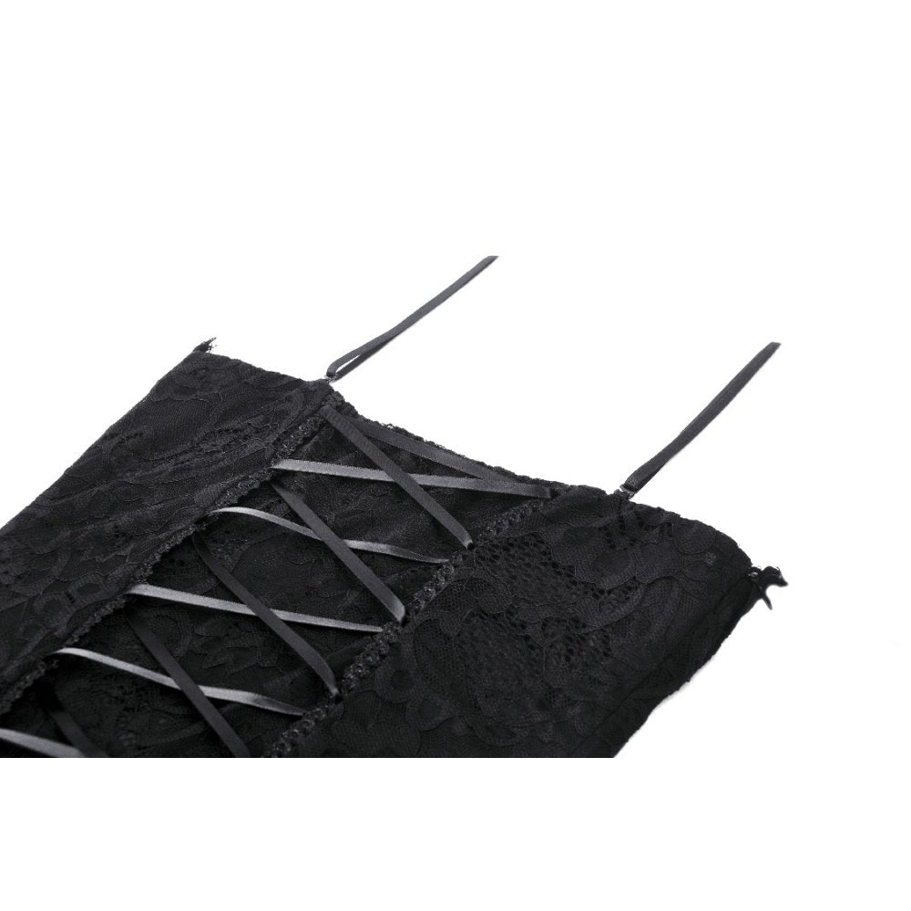 Luxurious Dark In Love Naiara Lace Dress showcasing adjustable straps, elegant lace-up back, and stunning side slit detail.