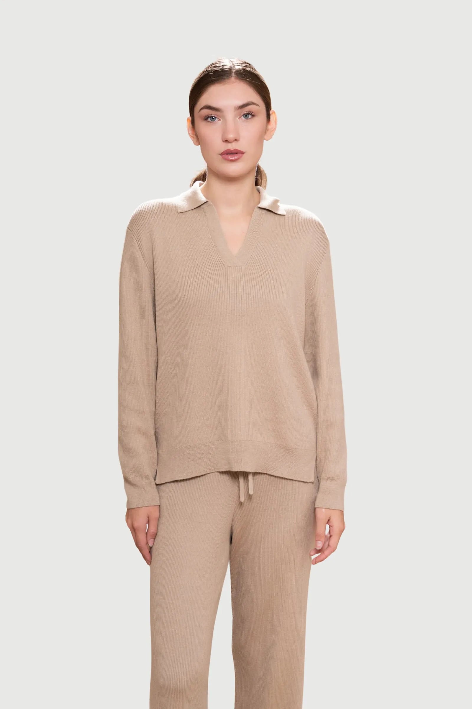 Luxury Ribbed Lounge Jumper with Polo Collar in premium Pima Cotton and Baby Alpaca, featuring elegant drape and relaxed fit, designed for stylish loungewear.