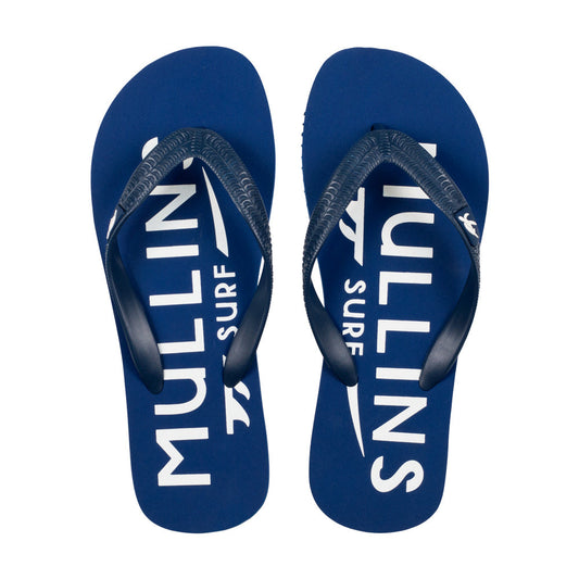 Luxurious blue flip flops by Mullins Bay featuring a stylish slim design and Mullins Turtle branding, perfect for summer outings.