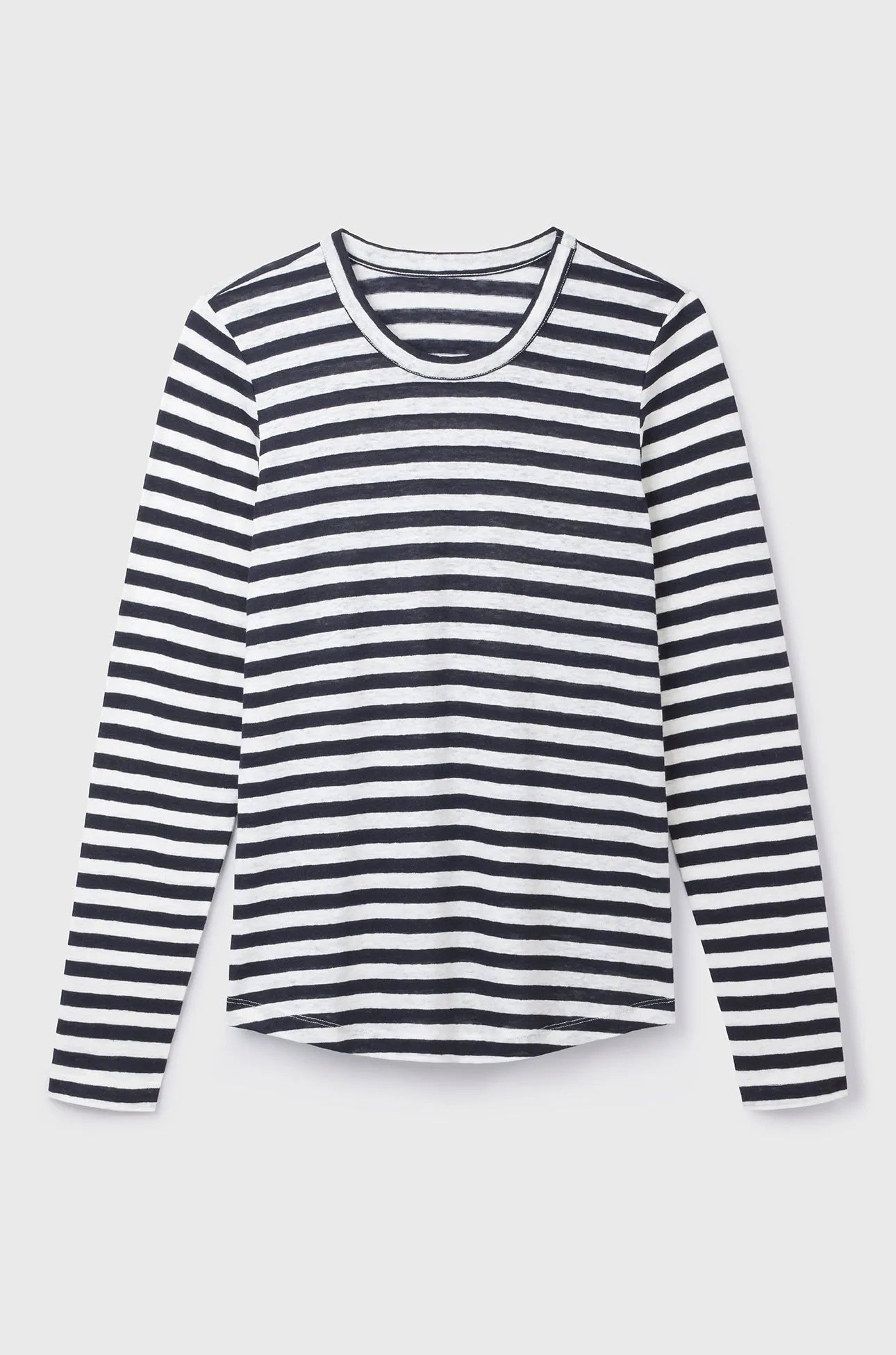 Women's long sleeve striped linen t-shirt in classic Breton style, showcasing breathability and lightweight fabric, perfect for summer elegance.