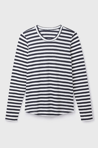 Women's long sleeve striped linen t-shirt in classic Breton style, showcasing breathability and lightweight fabric, perfect for summer elegance.