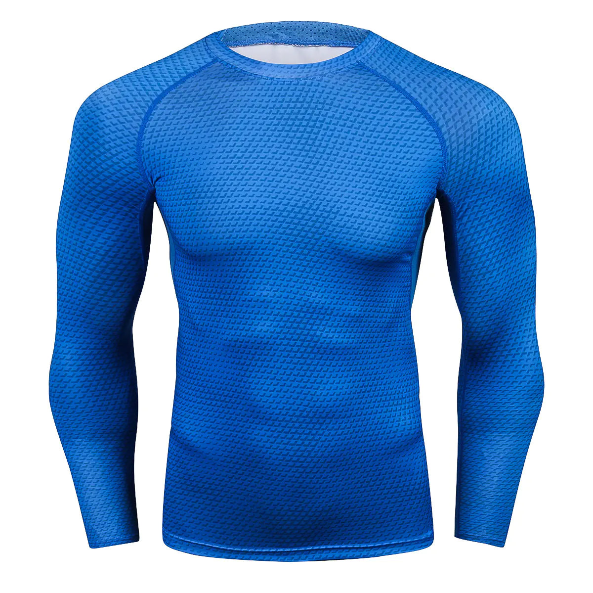 Vibrant blue men's long sleeve compression shirt, designed for optimal comfort and performance during sports activities.