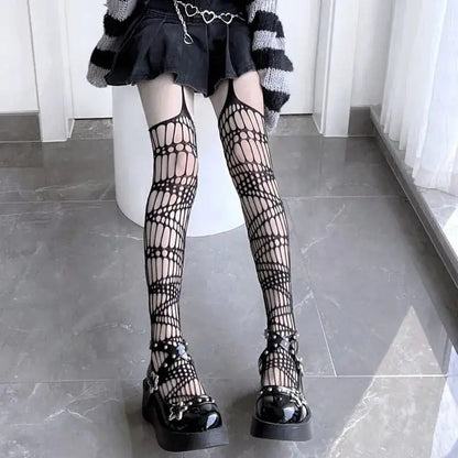 Exquisite Dazzling Dreams Studio Pentacle Design Fishnet Stockings in an intricate geometric pattern, elegantly worn with a stylish outfit, showcasing a modern fashion flair.