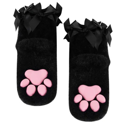 Luxurious black Playful Lolita 3D Cat Claw Sexy Compression Stockings for Women from Dazzling Dreams Studio, adorned with pink paw prints and chic black bows.