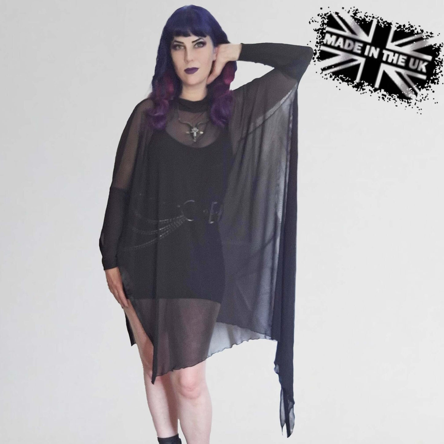 The Necessary Evil Anahita Mesh Layer Dress styled over a fitted outfit, demonstrating its versatility and layered design ideal for gothic fashion.