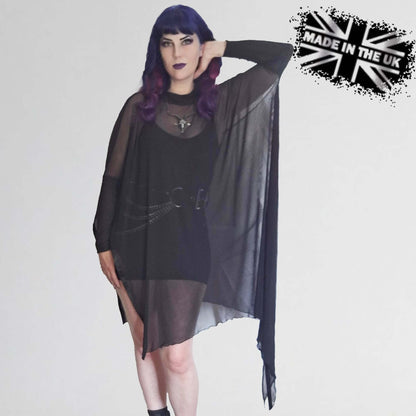 The Necessary Evil Anahita Mesh Layer Dress styled over a fitted outfit, demonstrating its versatility and layered design ideal for gothic fashion.