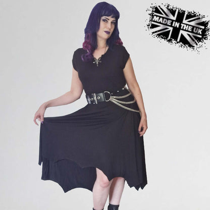 Elegant Necessary Evil Evaki Hi-Low Dress showcasing dramatic bat wing hem in soft stretch jersey, styled for gothic allure.
