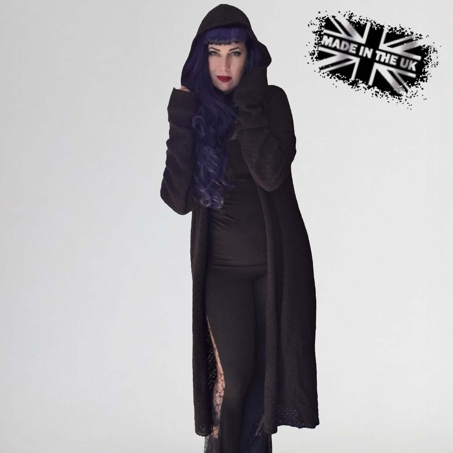 Necessary Evil Athena Long Hooded Gothic Cardigan in black, showcasing its dramatic hood and flowing silhouette, perfect for gothic aesthetics.
