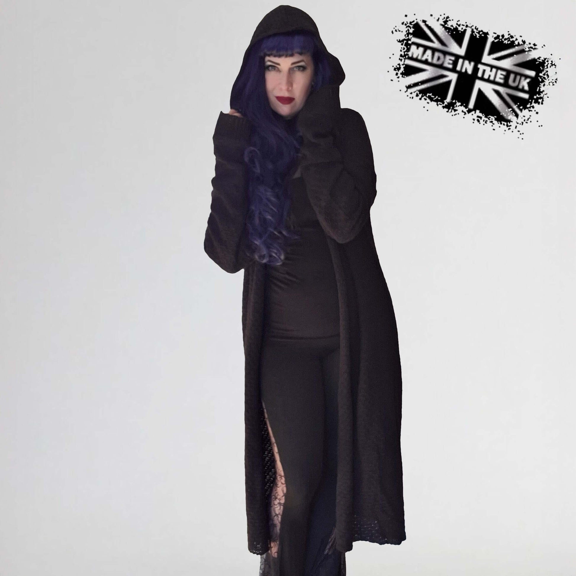 Necessary Evil Athena Long Hooded Gothic Cardigan in black, showcasing its dramatic hood and flowing silhouette, perfect for gothic aesthetics.