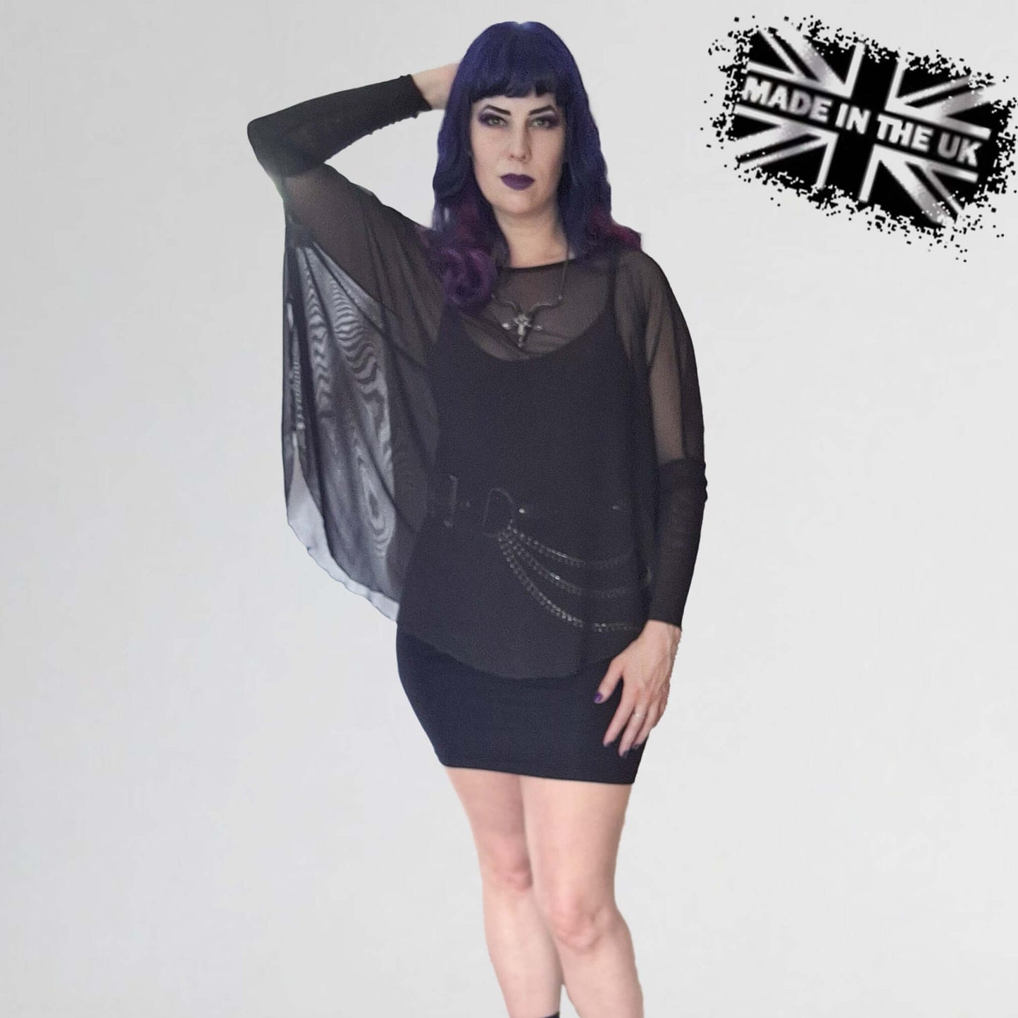 Necessary Evil Circe Mesh Top - Sheer Oversized Design with Double-Layered Sleeves, Sizes 8-22