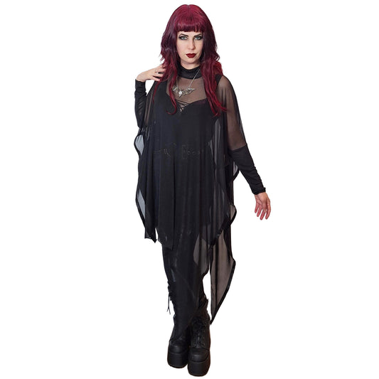 Ethereal gothic allure of the Necessary Evil Anahita Sheer Black Mesh Layer Dress, showcasing flowing layers and UK-made craftsmanship, perfect for creating dramatic, stylish outfits in plus sizes.